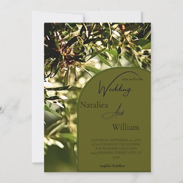 Invitación Boda de fondo de olivo verde moderno (Anverso)