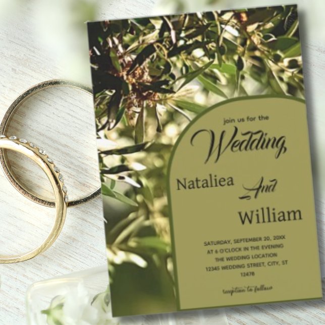 Invitación Boda de fondo de olivo verde moderno (Green Olive Tree Background Arch Wedding invitation )
