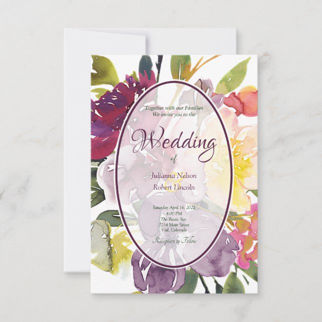 Invitación Boda de fondo floral morado y amarillo (Anverso)