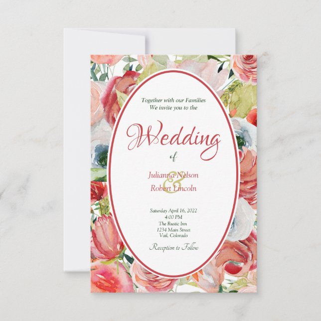 Invitación boda de fondo floral naranja y rojo (Anverso)