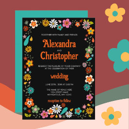 Invitación Boda de fondo negro inspirado en Funky 70