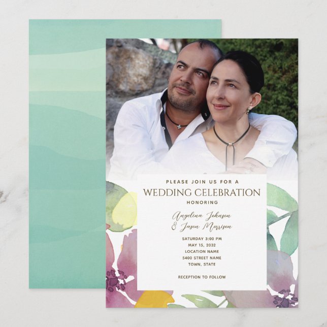Invitación Boda de Foto Acuarela Floral Boho (Anverso / Reverso)