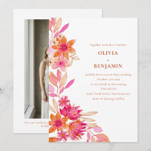 Invitación Boda de Foto Acuarela Floral Boho Rosa Naranja