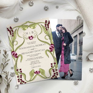 Invitación Boda de foto Art Nouveau vintage rosa Borgoña