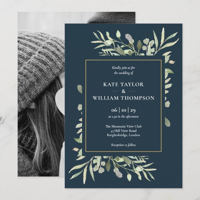 Invitación Boda de Foto Azul Mar Profundo Vegetación Botánica (Anverso / Reverso)