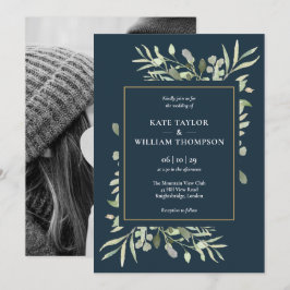 Invitación Boda de Foto Azul Mar Profundo Vegetación Botánica