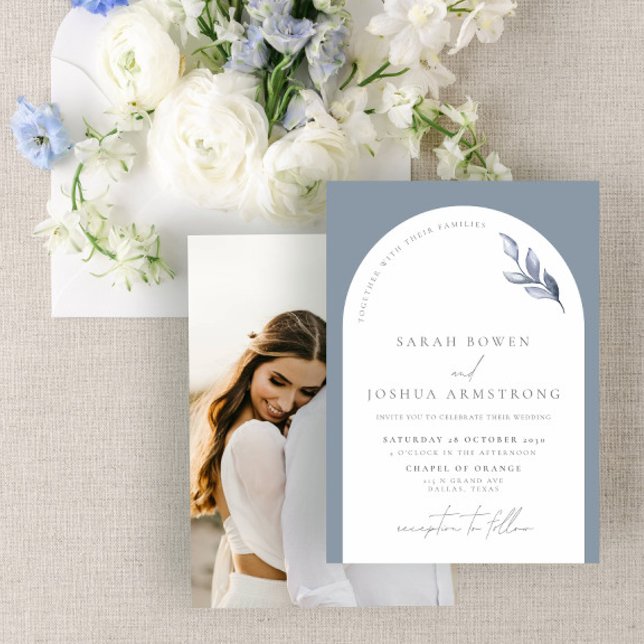 Invitación Boda De Foto Botánica Del Arco Azul Polvoriento Mo (Subido por el creador)