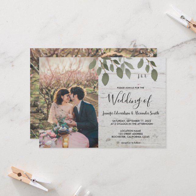 Invitación Boda de foto botánica monogramada de madera rústic (Anverso/Reverso In Situ)