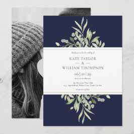 Invitación Boda de Foto Botánica Verde Azul Marino