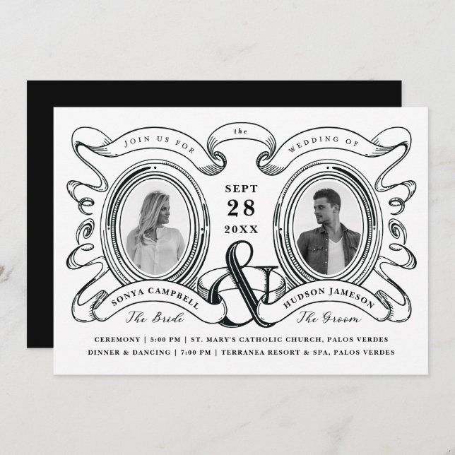 Invitación Boda de Foto Cameo Antiguo Blanco y Negro (Anverso / Reverso)