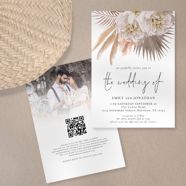 Invitación Boda de Foto Código QR Escritura Pampas Rústico Bo (Subido por el creador)
