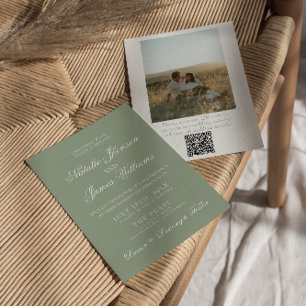 Invitación Boda de Foto Código QR Moderno Verde Boho Sage