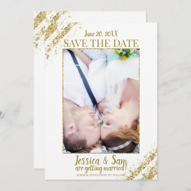 Invitación Boda de Foto con Brillo Blanco y Dorado para Guard (Anverso / Reverso)