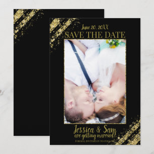 Invitación Boda de Foto con Brillo Negro y Dorado para Guarda