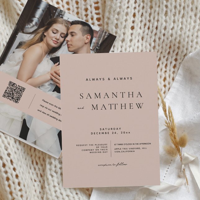 Invitación Boda de foto con código QR clásico con rubor moder (Subido por el creador)