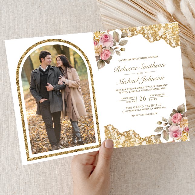 Invitación Boda de foto con código QR de encaje dorado floral (Subido por el creador)