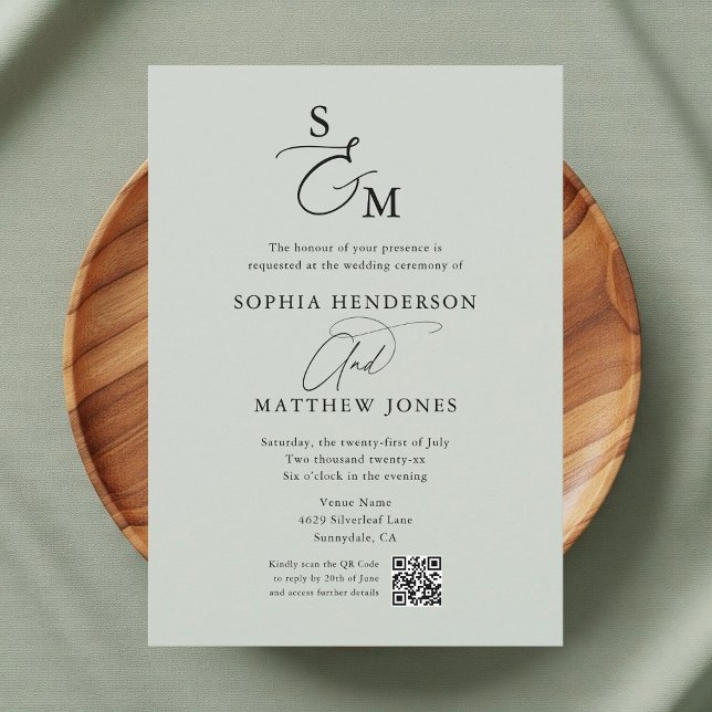 Invitación Boda de foto con código QR de monograma verde salv (Subido por el creador)