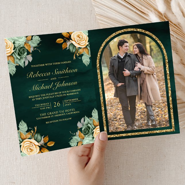 Invitación Boda de foto con código QR de oro floral crema esm (Subido por el creador)