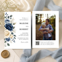 Boda de foto con código QR de rosa marfil y azul p