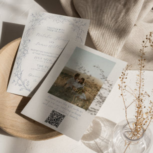 Invitación Boda de Foto con Código QR Floral Boho Azul Polvor