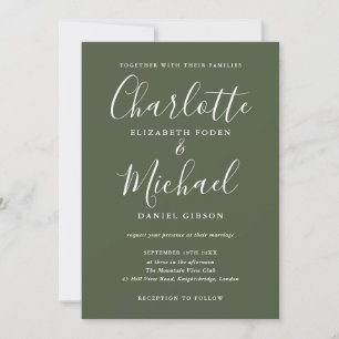 Invitación Boda de foto con guión de firma de color verde oli