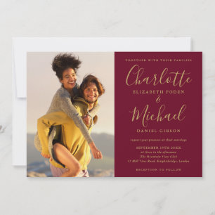 Invitación Boda de foto con guión de firma en color burgundy