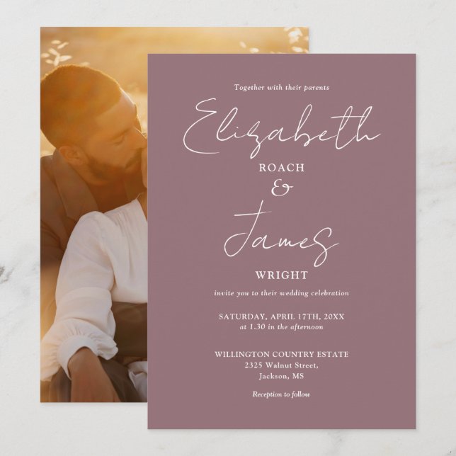 Invitación Boda de foto con guion minimalista malva (Anverso / Reverso)