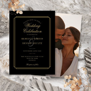 Invitación Boda de foto con guión negro y dorado Art Deco