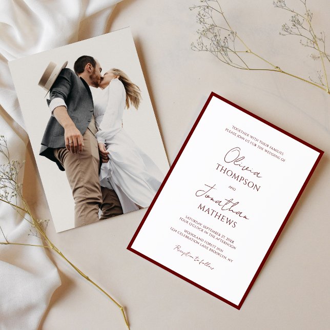 Invitación Boda de foto con guión simple borde rojo carmesí (Subido por el creador)