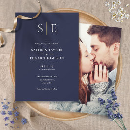 Invitación Boda de foto con monograma dorado y azul marino