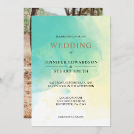 Invitación Boda de foto de acuarela dorada turquesa moderna