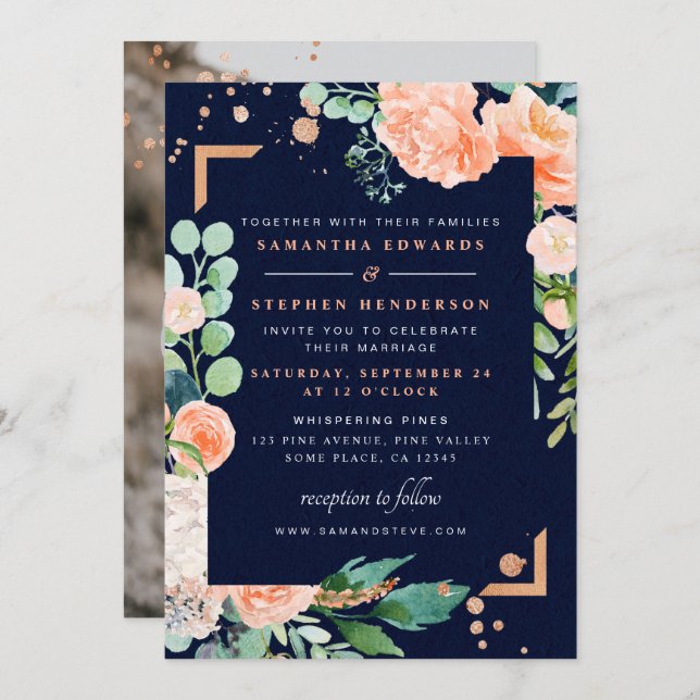 Invitación Boda de Foto de Acuarela Floral en Cobre de la Mar (Anverso / Reverso)