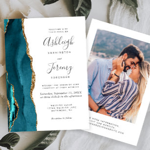 Invitación Boda de Foto de Ágata Azul Teal Moderno Dorado