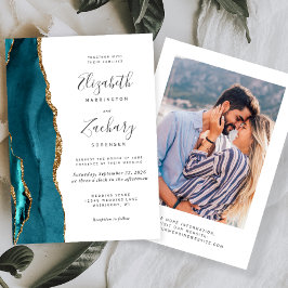 Invitación Boda de Foto de Ágata Azul Teal Moderno Dorado