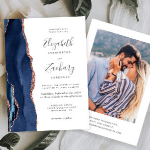 Invitación Boda de Foto de Agata Dorada Rosa Azul Marina Mode