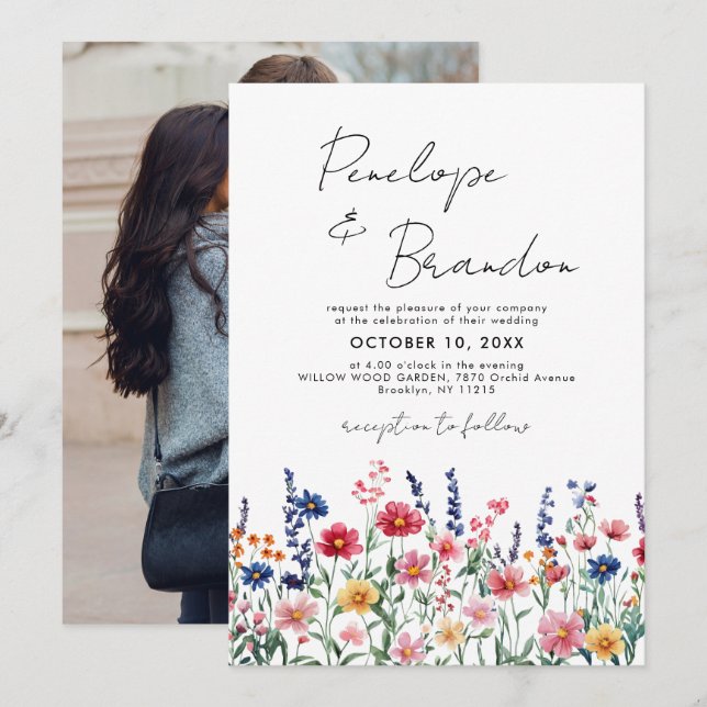 Invitación Boda de foto de Boho en el campo rústico de flores (Anverso / Reverso)