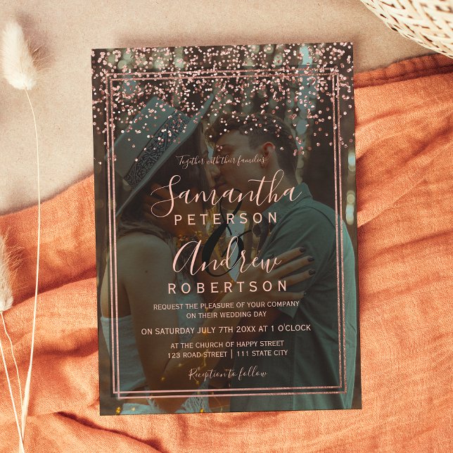 Invitación boda de foto de borde de guión de Rosa de confeti  (Subido por el creador)