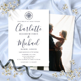 Invitación Boda de foto de brújula náutica de escritura azul 