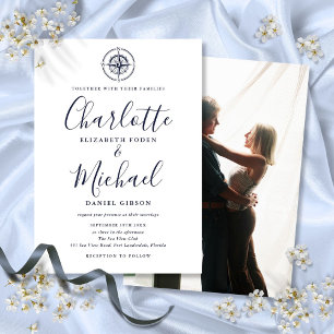Invitación Boda de foto de brújula náutica de escritura azul