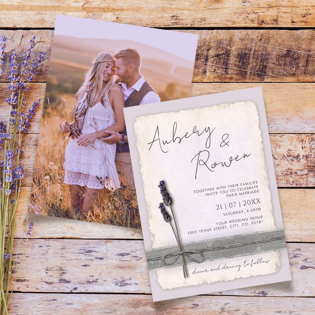 Invitación Boda de foto de Burlap Eco Boho Lavender ruso (Subido por el creador)