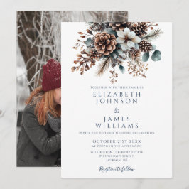 Invitación Boda de Foto de Cono de Pino Floral Chic Elegante