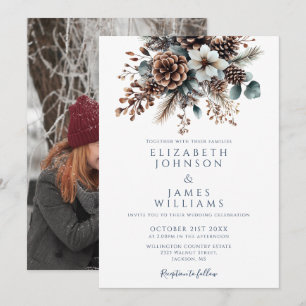 Invitación Boda de Foto de Cono de Pino Floral Chic Elegante