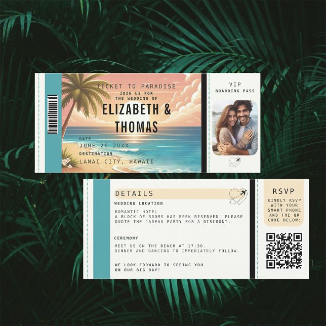 Invitación Boda de foto de embarque de destino de playa tropi (tropical beach destination wedding invitation boarding pass qr code all in one watercolor vintage)