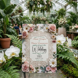 Invitación Boda de Foto de Encaje Falso Floral Rosa Polvorien