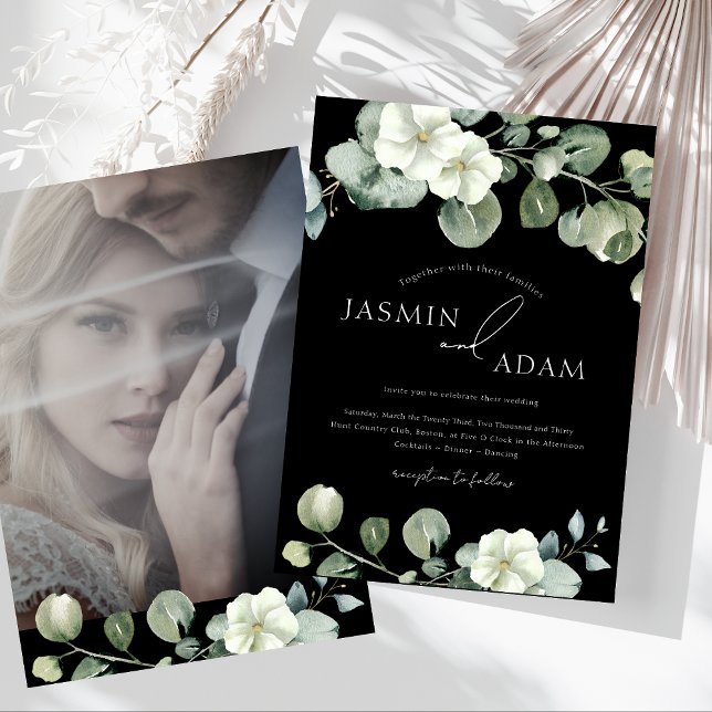 Invitación Boda de Foto de Eucalipto Negro Simple (Simple Black Greenery Eucalyptus Photo Wedding Invitation)