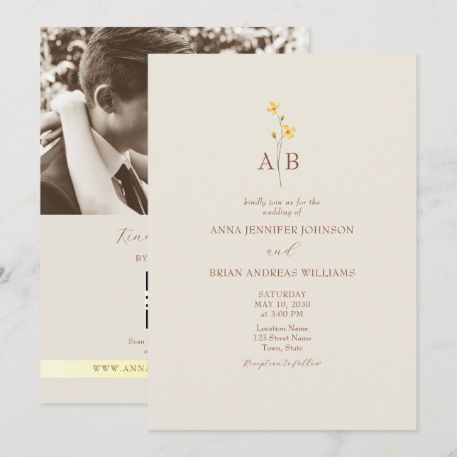 Invitación Boda de foto de flor silvestre neutral con código  (Anverso / Reverso)