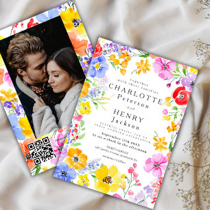 Invitación Boda de Foto de Flores de Acuarela Vibrantes de Pr