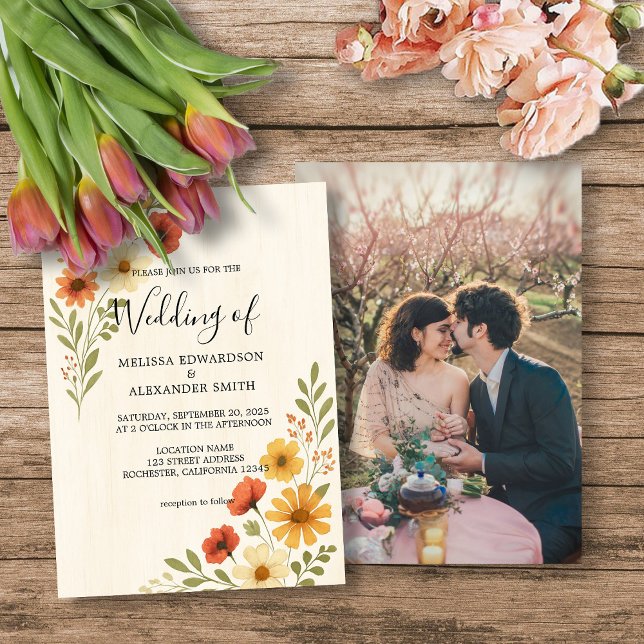 Invitación Boda de foto de flores rusas de acuarela botánica (Rustic botanical watercolor flowers photo boho wedding invitation.)
