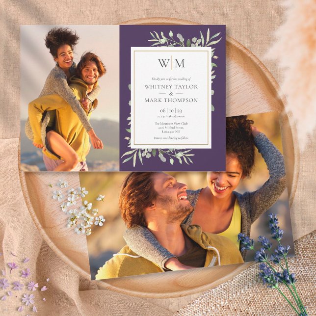 Invitación Boda de Foto de Greenery Púrpura con Monograma (Subido por el creador)