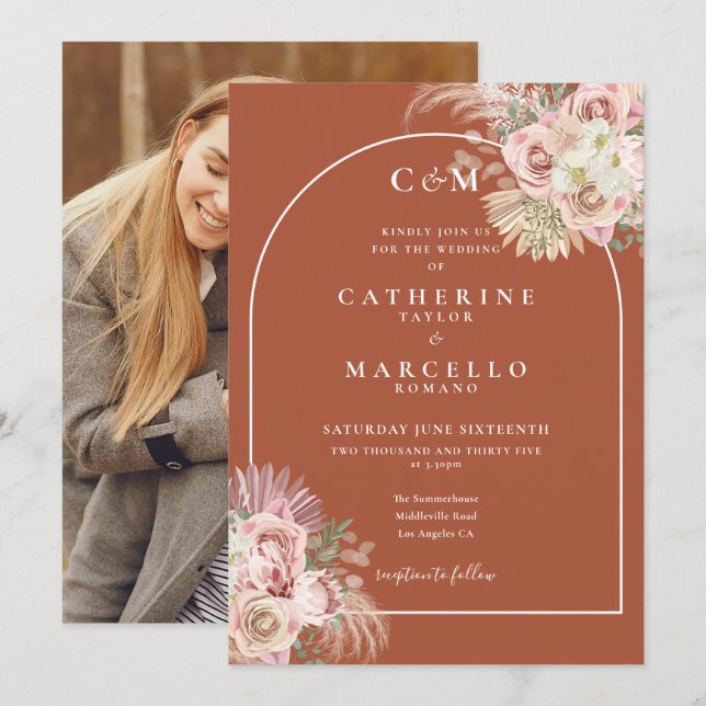 Invitación Boda de foto de hierba de Pampas Monograma de Terr (Anverso / Reverso)